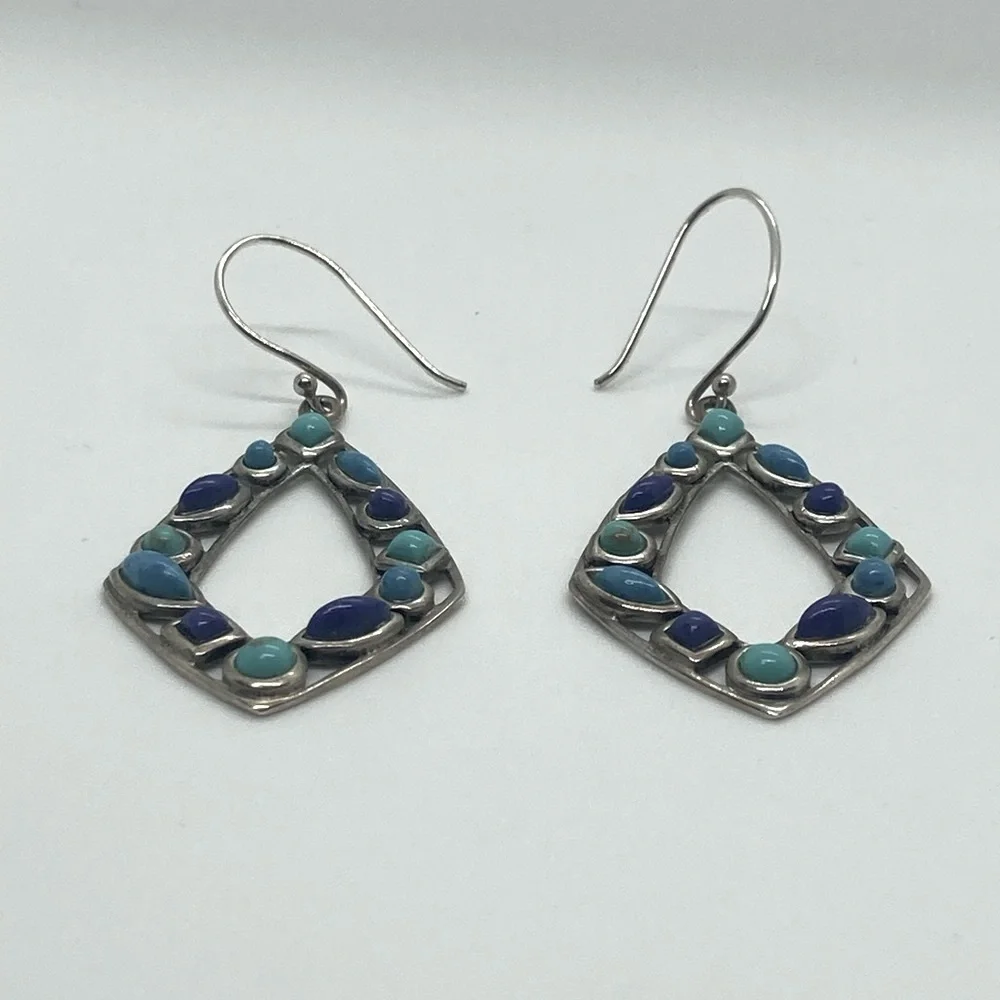 Vtg 925 Sterling Silver & Multi Colour Blue Turqouise Dangle Earrings | 2.2” - Picture 6 of 13